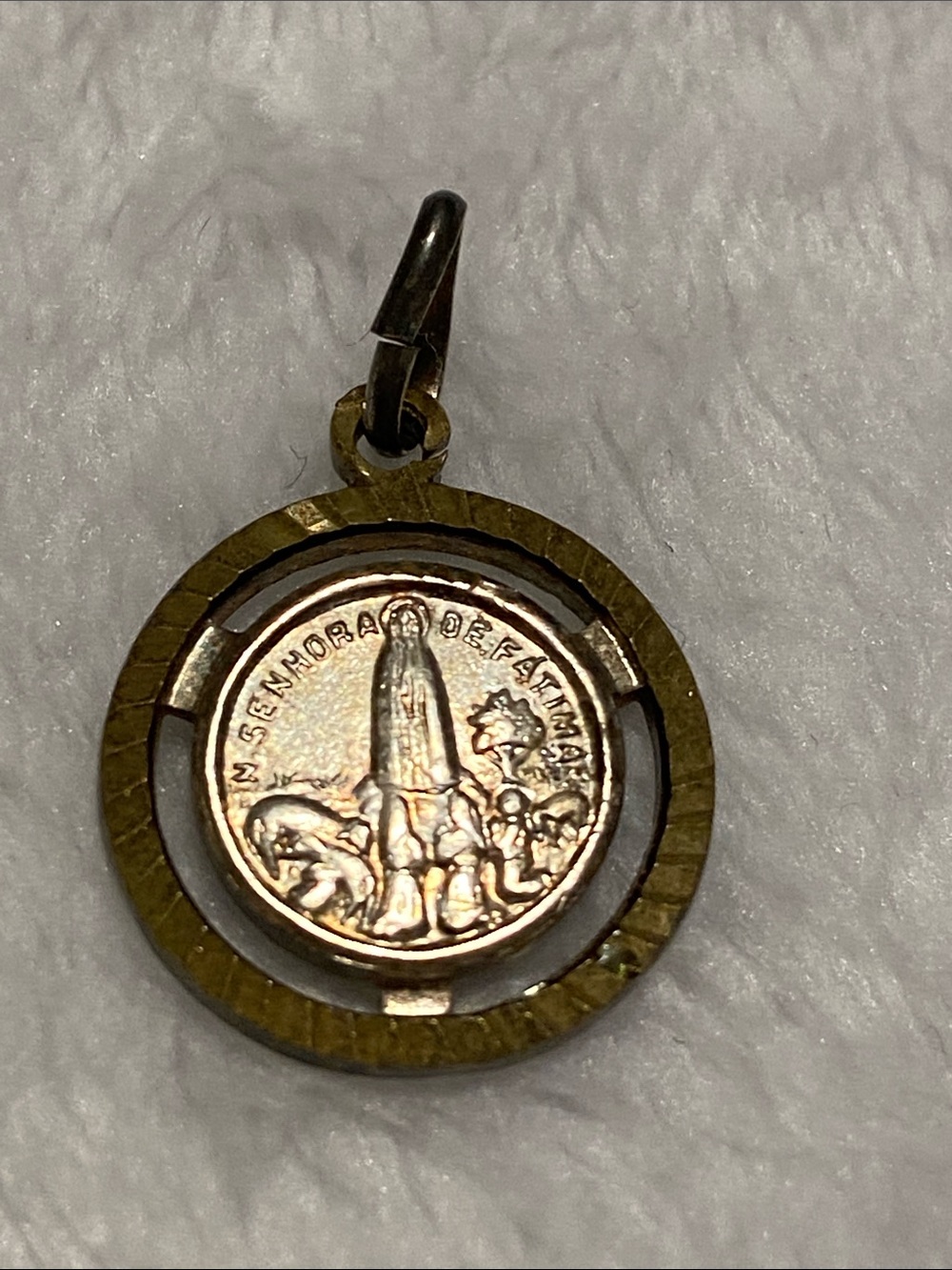 Vintage Terra de Fatima Religious Medal Charm Pendant in Two-Tone Metal